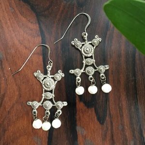 Tribal Silver and Pearl Dangle Earrings NWOT